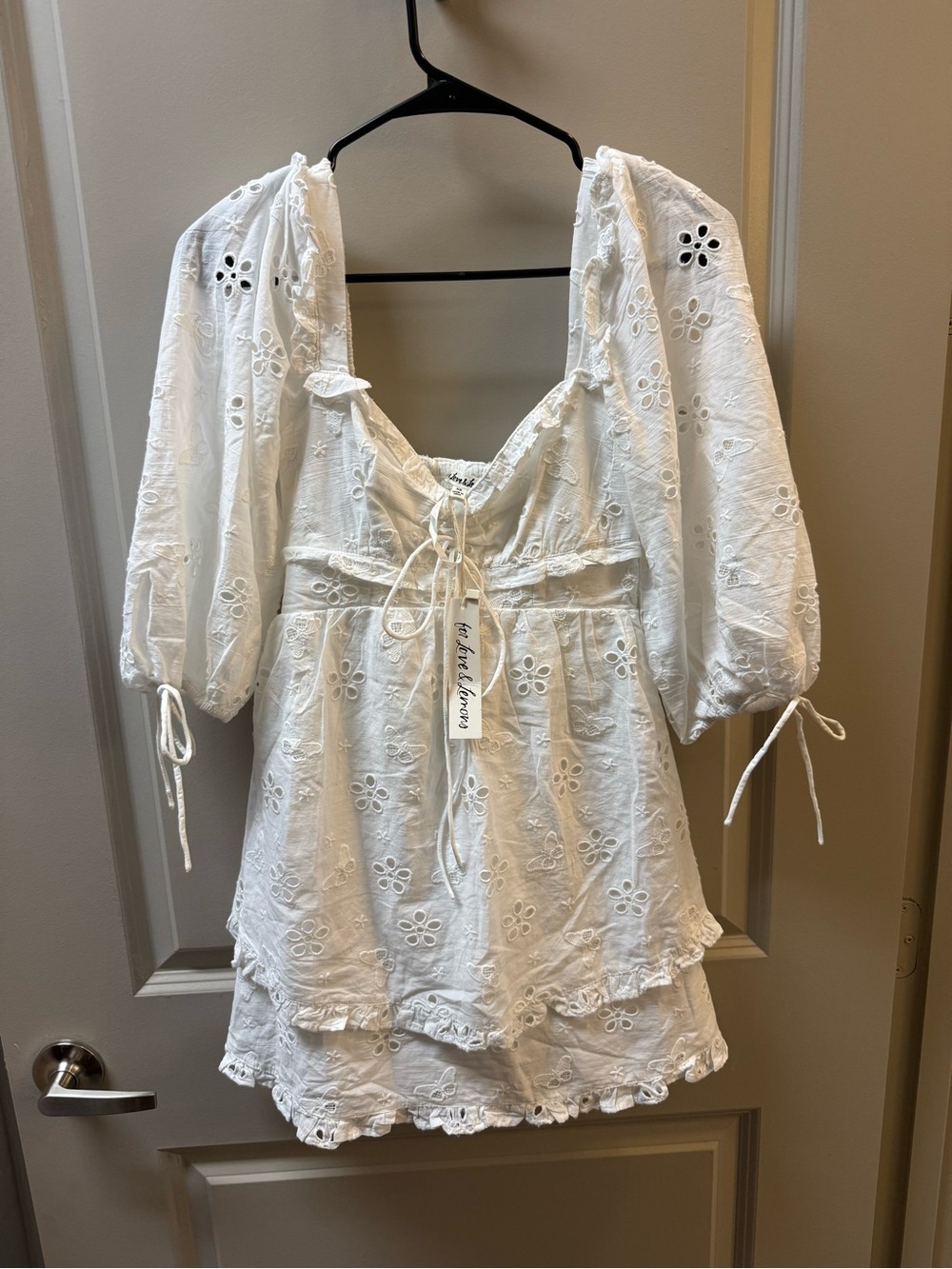 For Love & Lemons White Eyelet Tie-Front Puff Sleeve Dress **read description!**